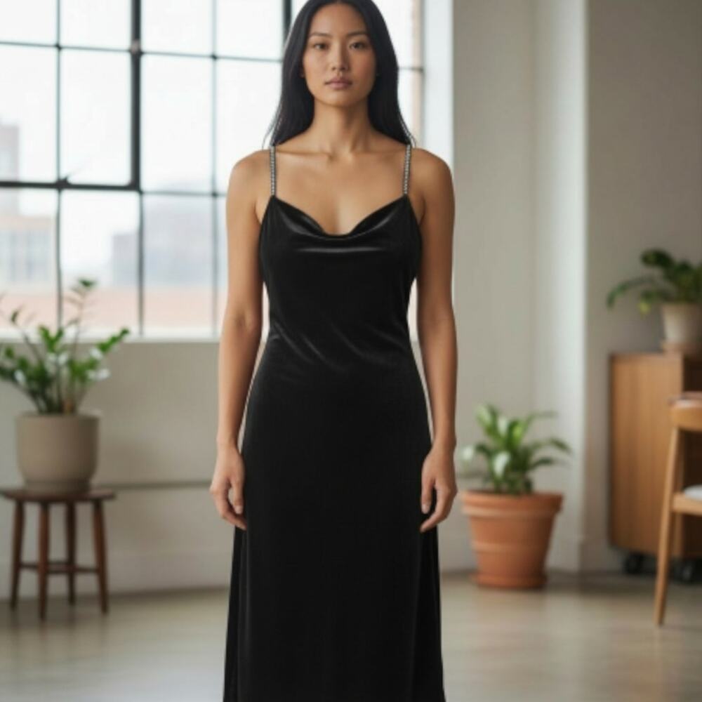 Antonio Melania Black Phoenix Velvet Cowl Neck Sheath Maxi Dress NWT size 2